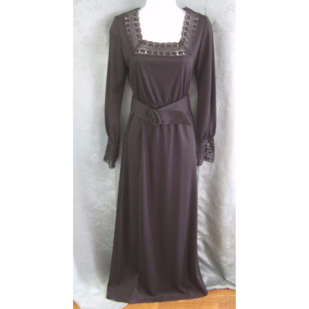 Vintage Alison Ayres Long Black Hostess Dress Size XS / S Lace Trimmed LBD